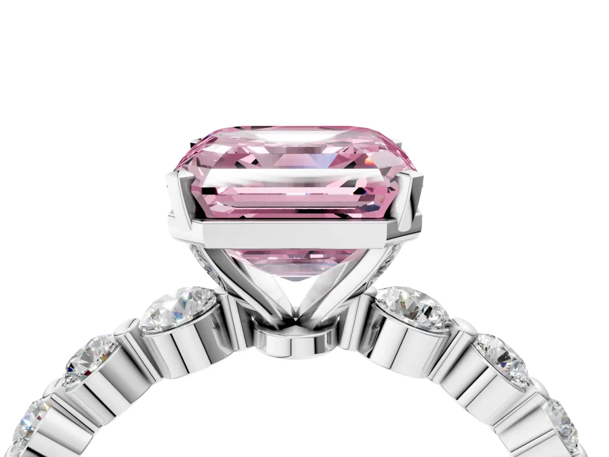 Fancy Pink Asscher Cut Solitaire Diamond Ring with Pave Band and Four-Prong Setting Silver