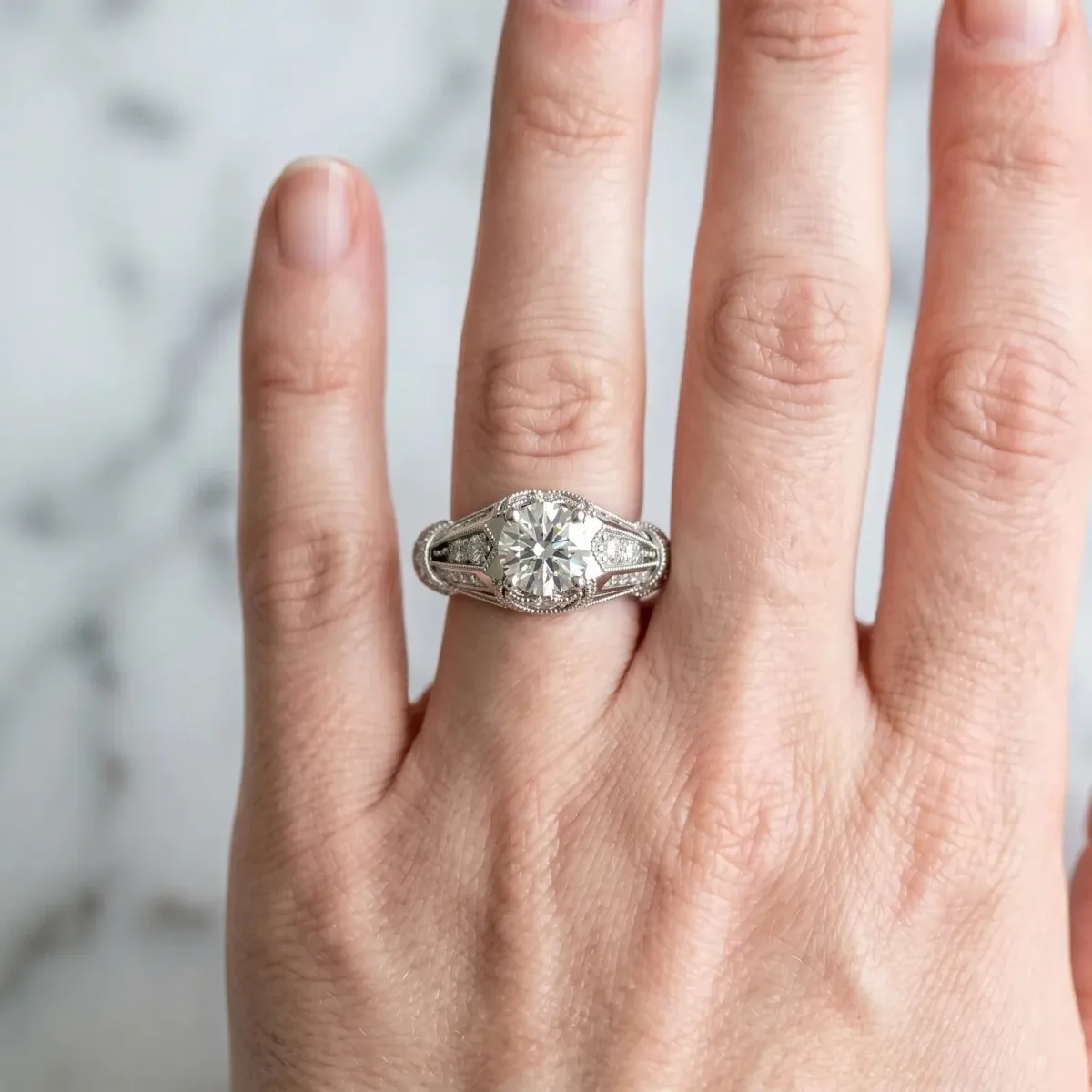 Vintage Milgrain Round Cut Diamond Split Shank Ring with Prong Setting Platinum