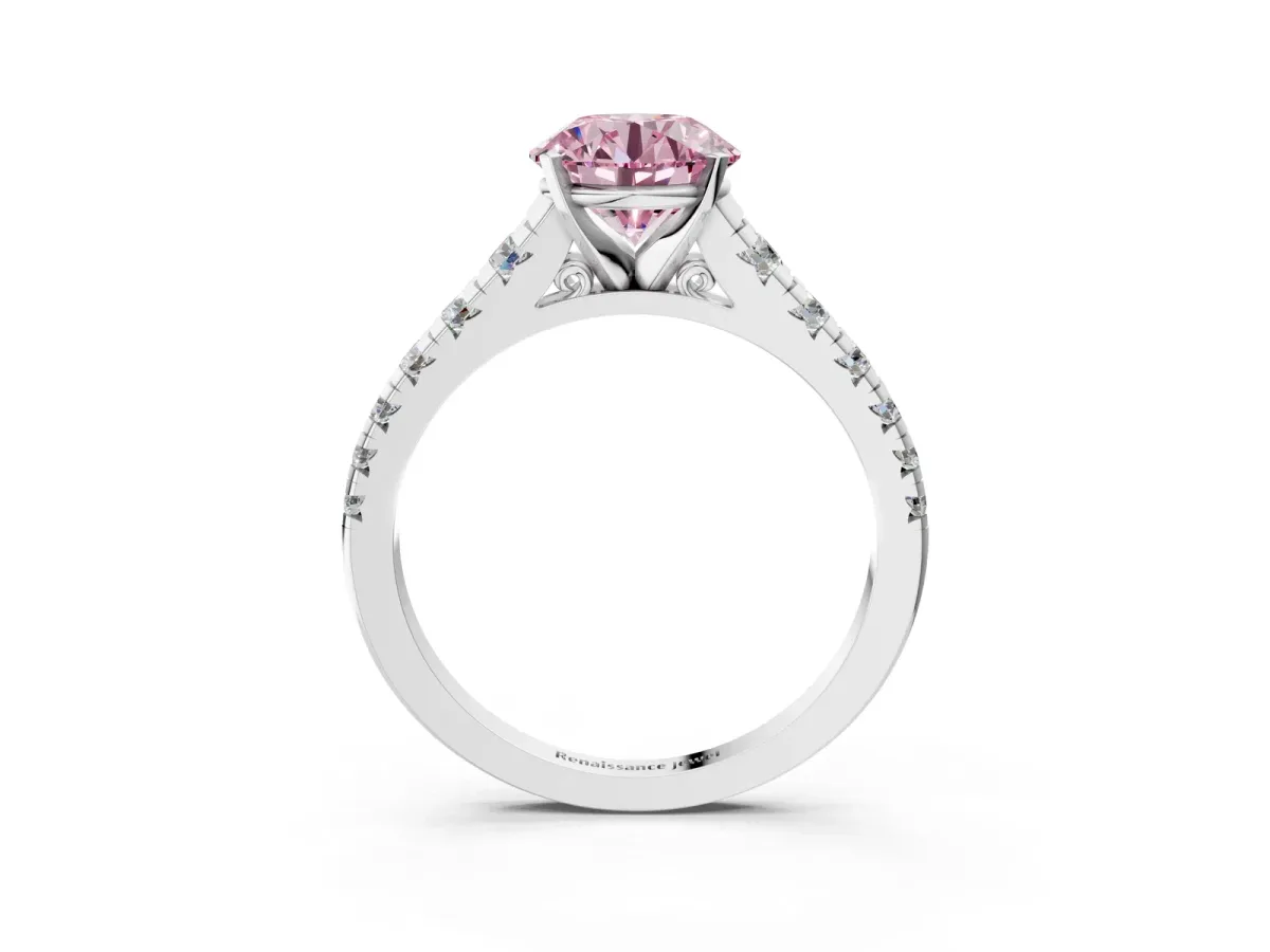 Fancy Pink Round Cut Diamond Cathedral Solitaire Ring with Round Pavé Band Silver