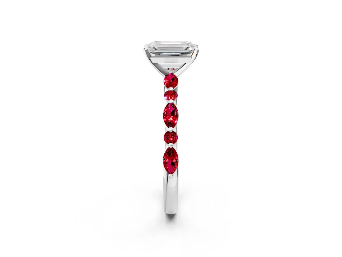 Emerald Cut Diamond Ring with Marquise and Round Ruby Side Stones and Four-Prong Setting Silver
