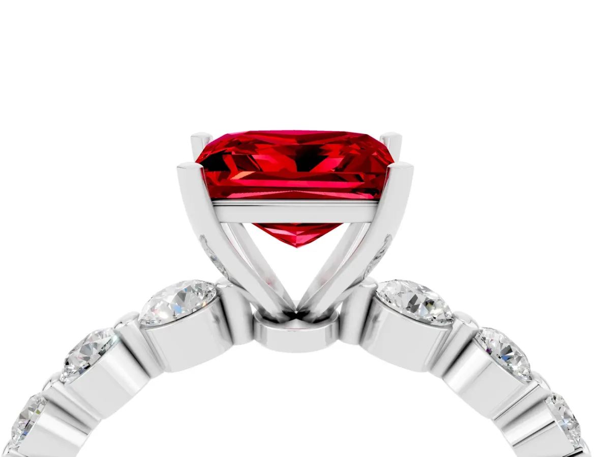 Princess Cut Solitaire Ruby Ring with Pave Band and Four-Prong Setting White gold