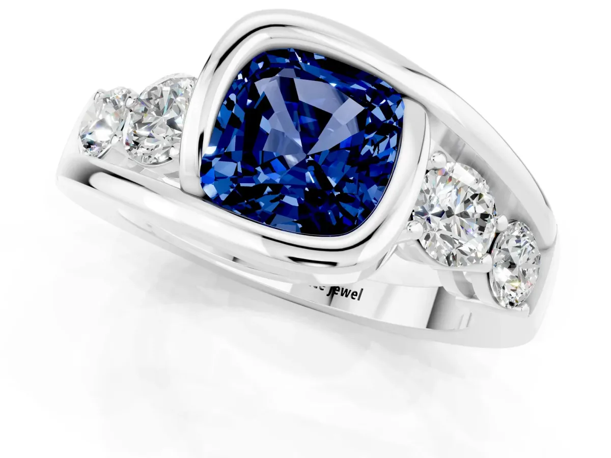 Bezel Set Cushion Cut Blue Sapphire Bypass Ring with Round Accents Silver
