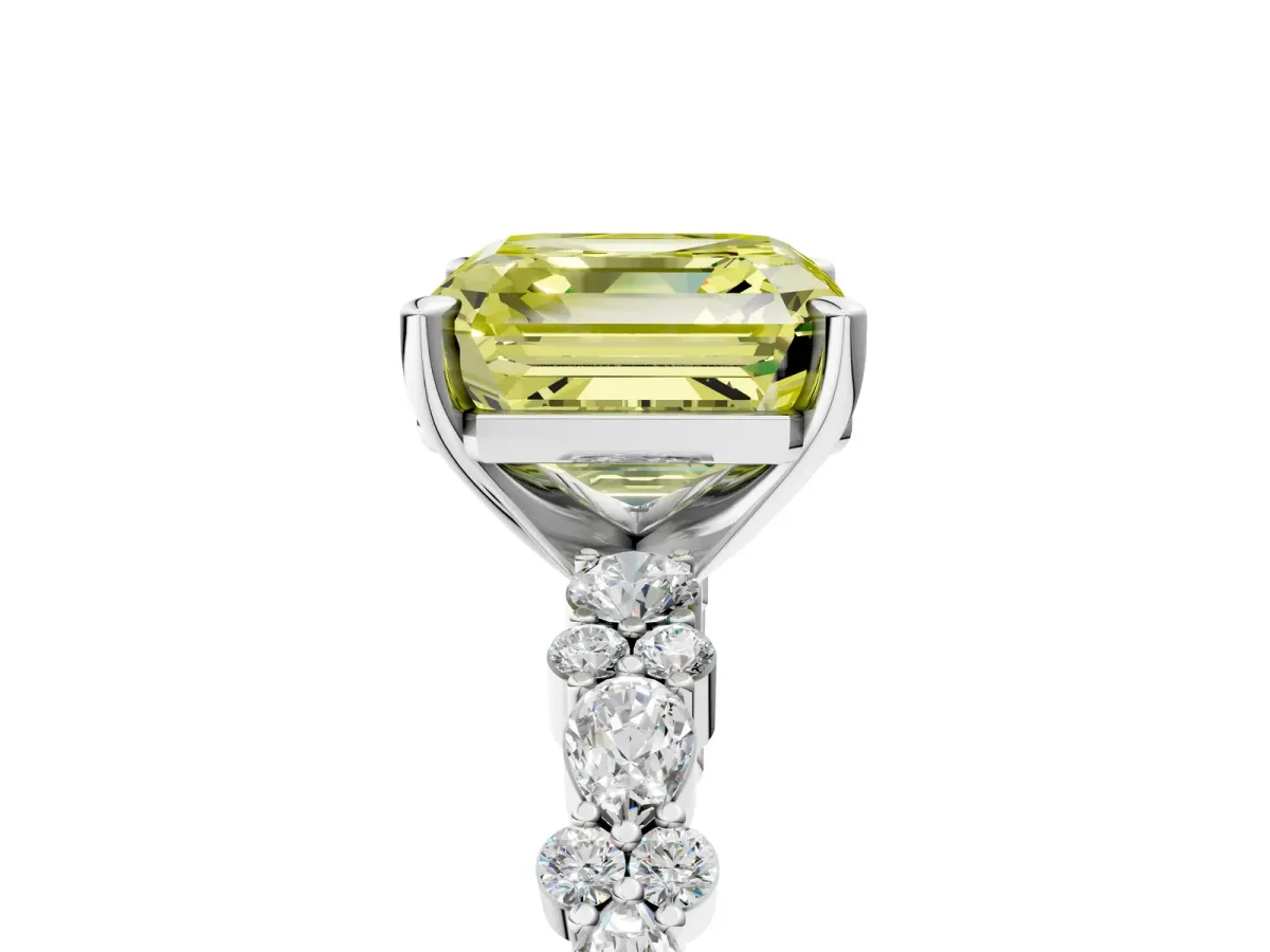 Fancy Yellow Asscher Cut Diamond Side Stone Solitaire Ring with Round and Four-Prong Setting Silver