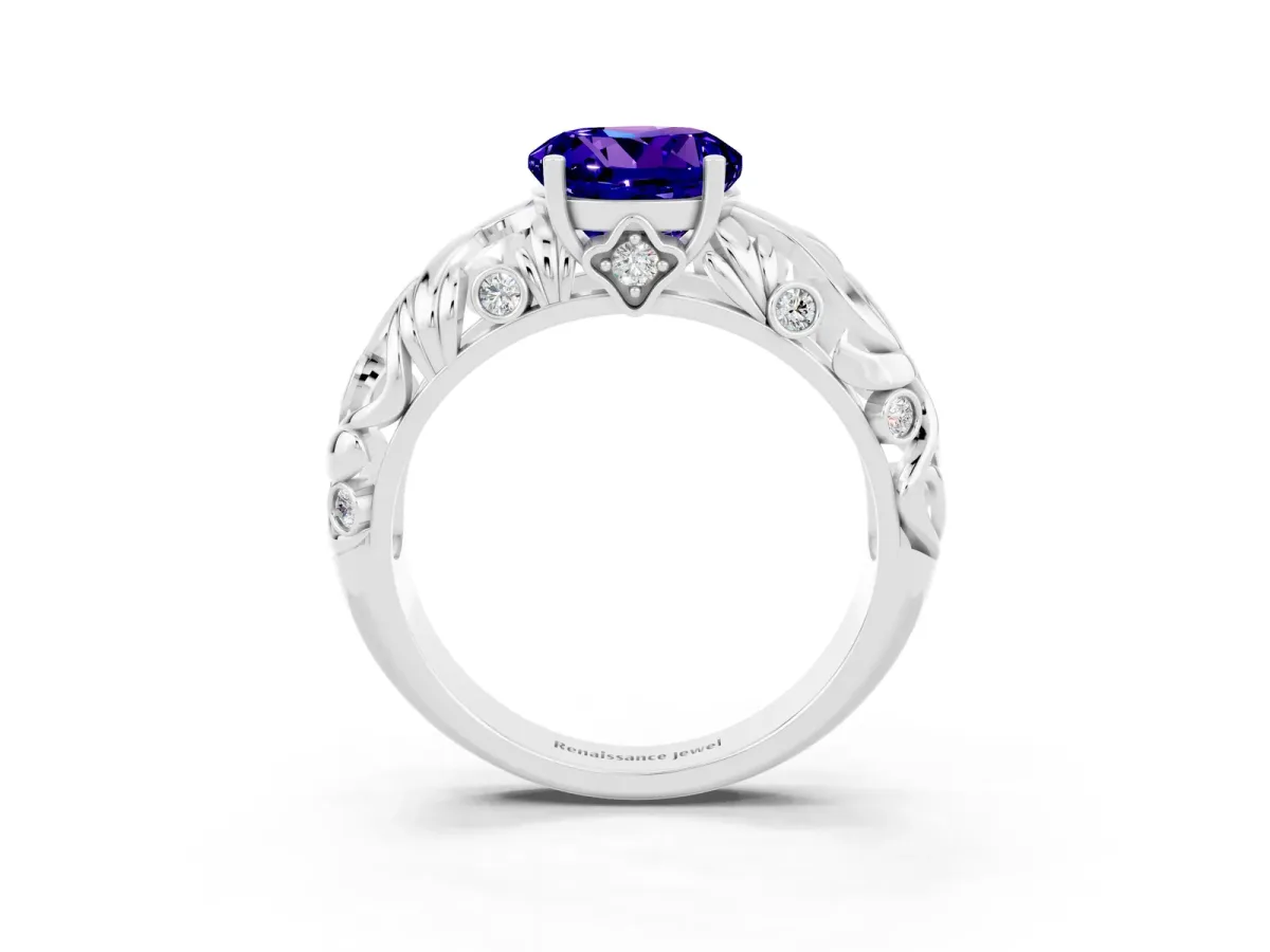 Round Cut Solitaire Tanzanite Leaf-Inspired Vine Band Ring with Prong Setting Silver