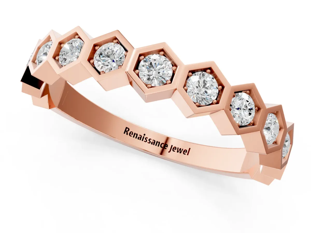 Hexagon Pave Diamond Eternity Band with Bezel Setting Rose gold