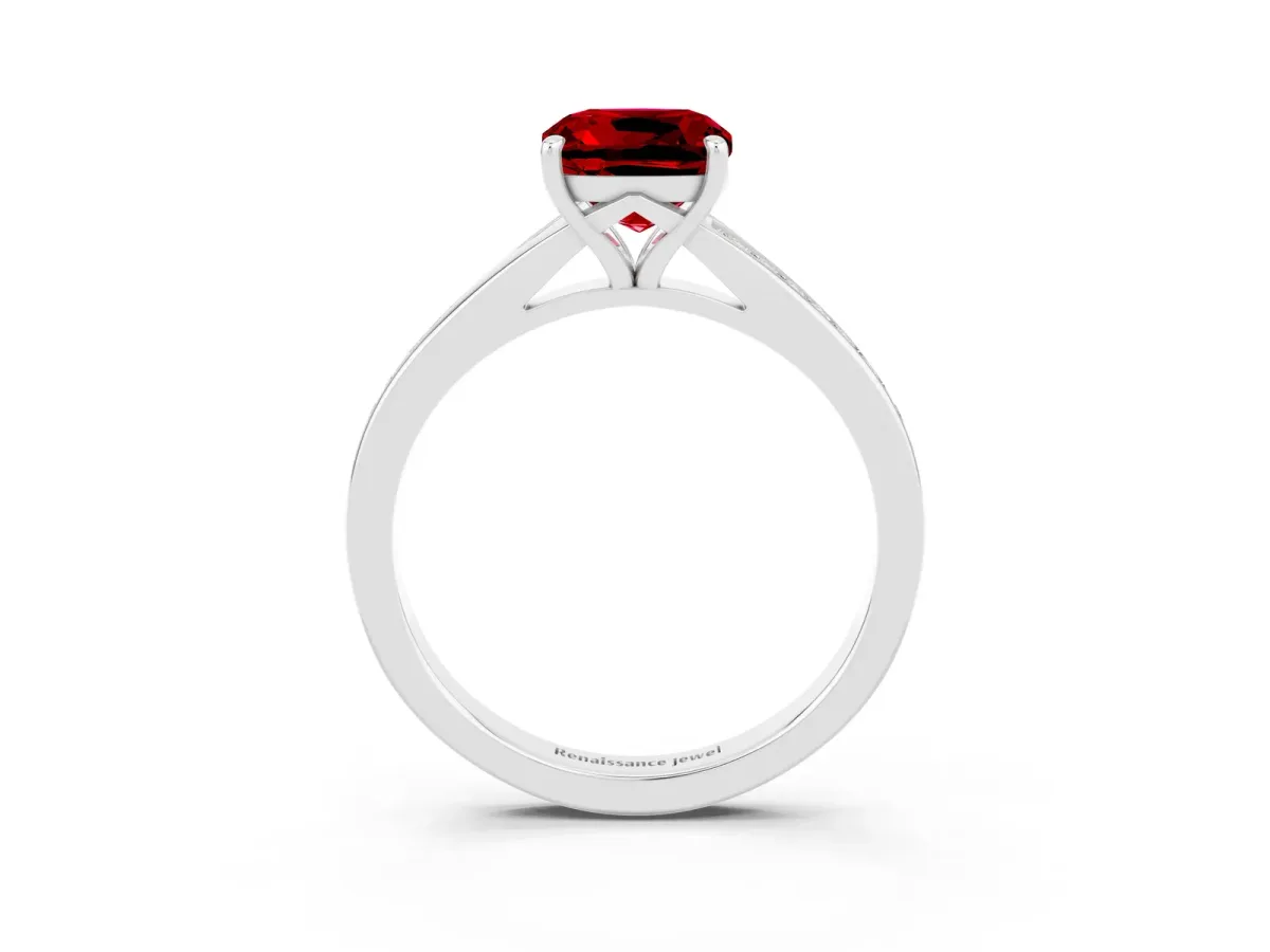 Cushion Cut Ruby Solitaire Ring with Pavé Band and Prong Setting Silver