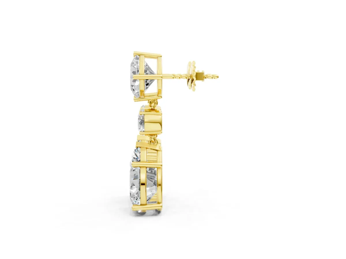 Cushion, Round and Pear Diamond Three-Stone Drop Earrings Yellow gold