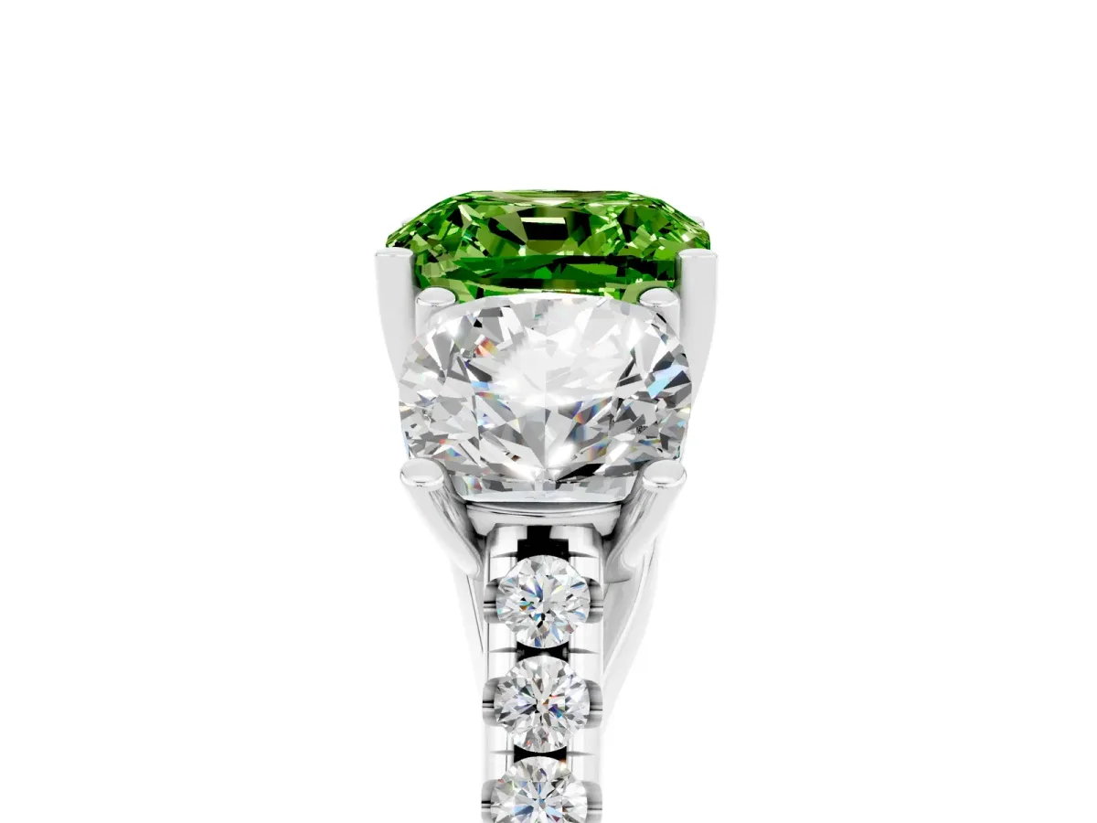 Three-Stone Cushion Cut Peridot Ring with Round Pavé Band and Prong Setting Silver