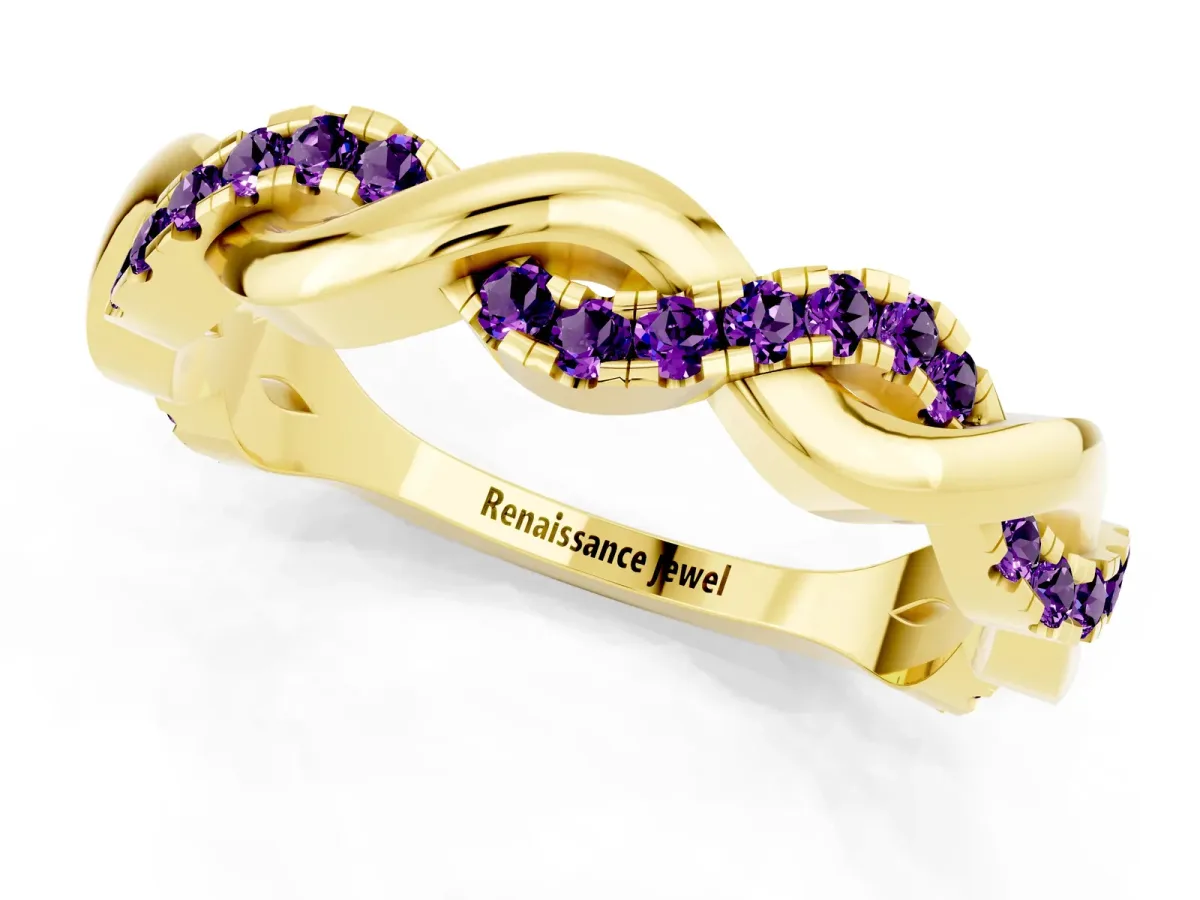 Pavé Round Amethyst Twist Eternity Band with Shared Prong Setting Yellow gold