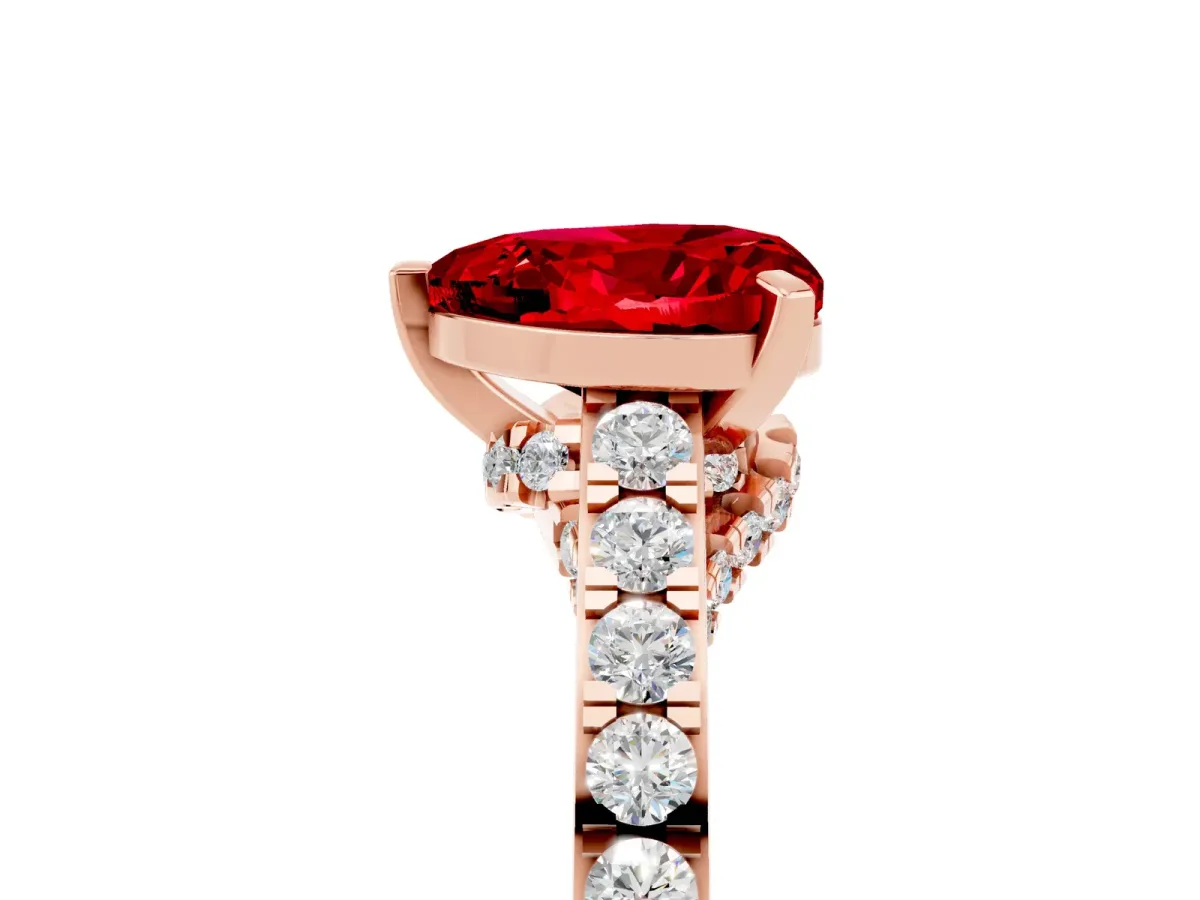 Heart Cut Ruby Solitaire Ring with Crossover Gallery and Round Pavé Band Rose gold