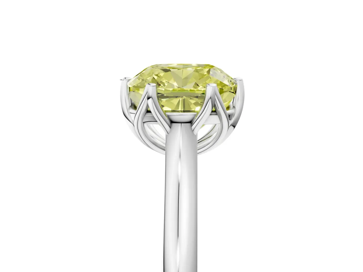 Fancy Yellow Cushion Cut Solitaire Cathedral Diamond Ring with Six-Prong Setting Silver