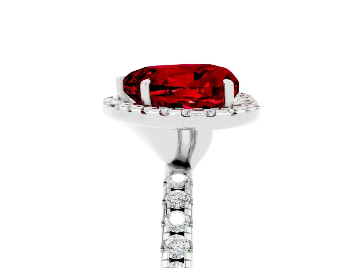 Heart Cut Ruby Halo Engagement Ring with Round Pavé Band and Prong Setting Platinum