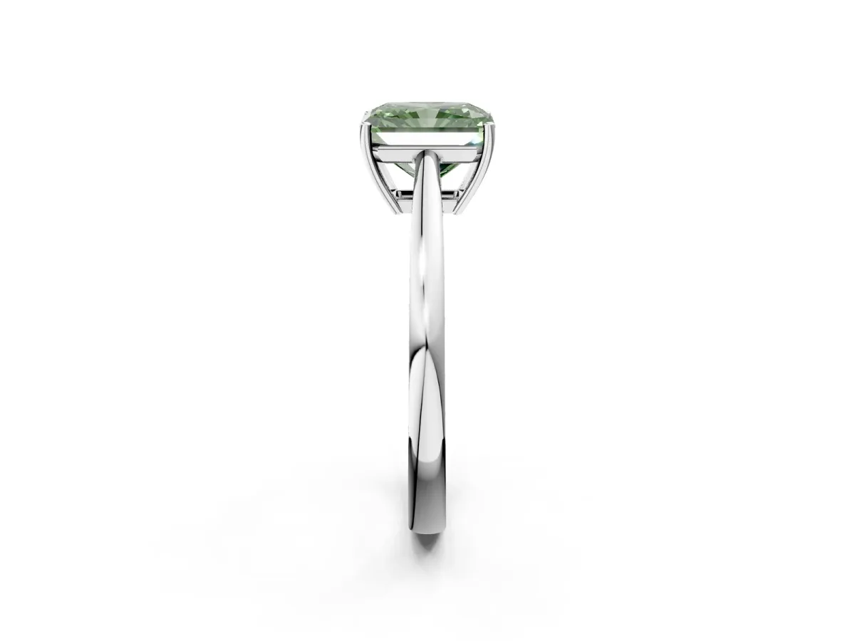 Fancy Green Radiant Cut Solitaire Diamond Ring with Split Shank and Four-Prong Setting Platinum