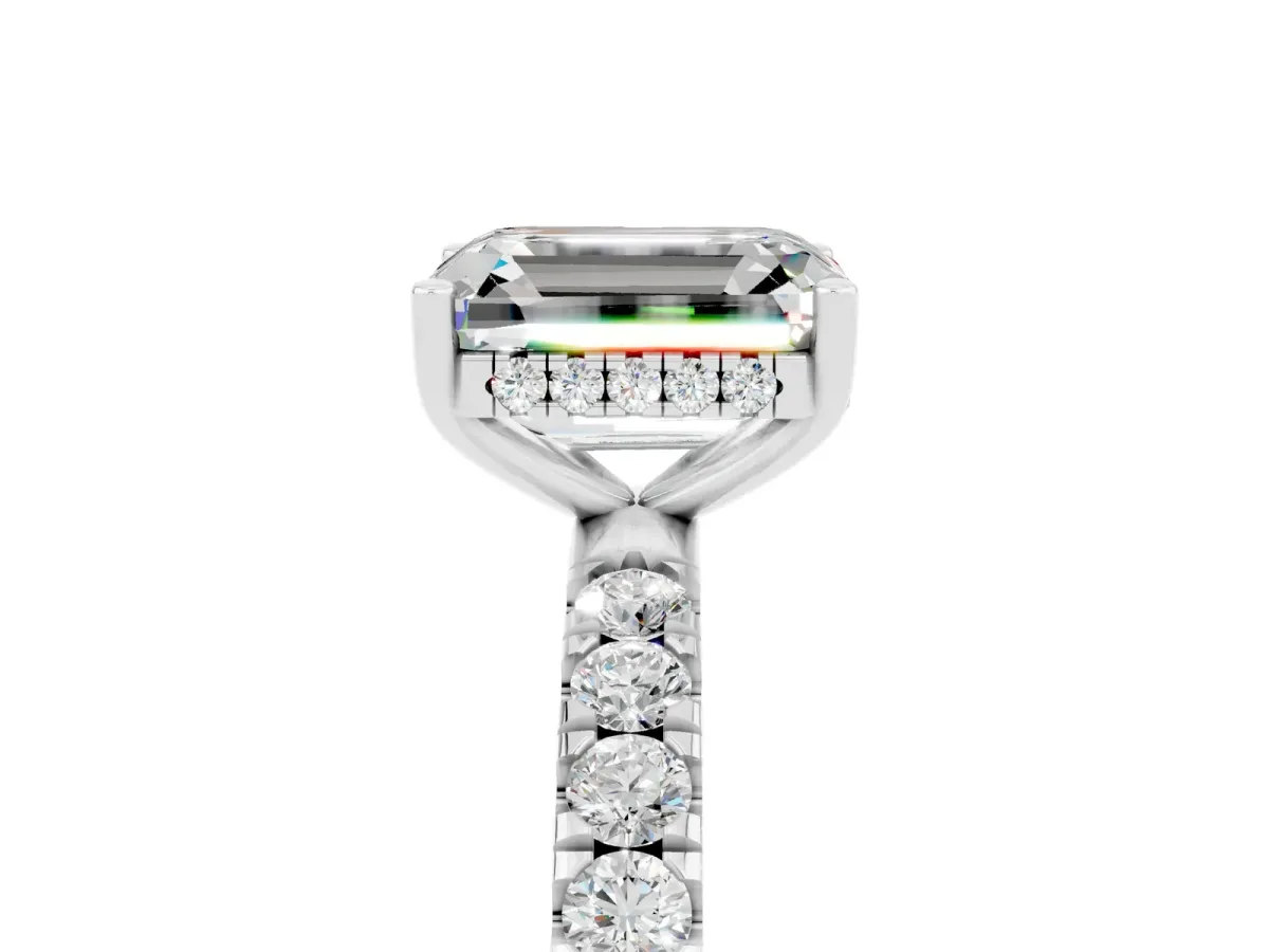 Emerald Cut Moissanite Pave Band Solitaire Ring with Round and Prong Setting Platinum