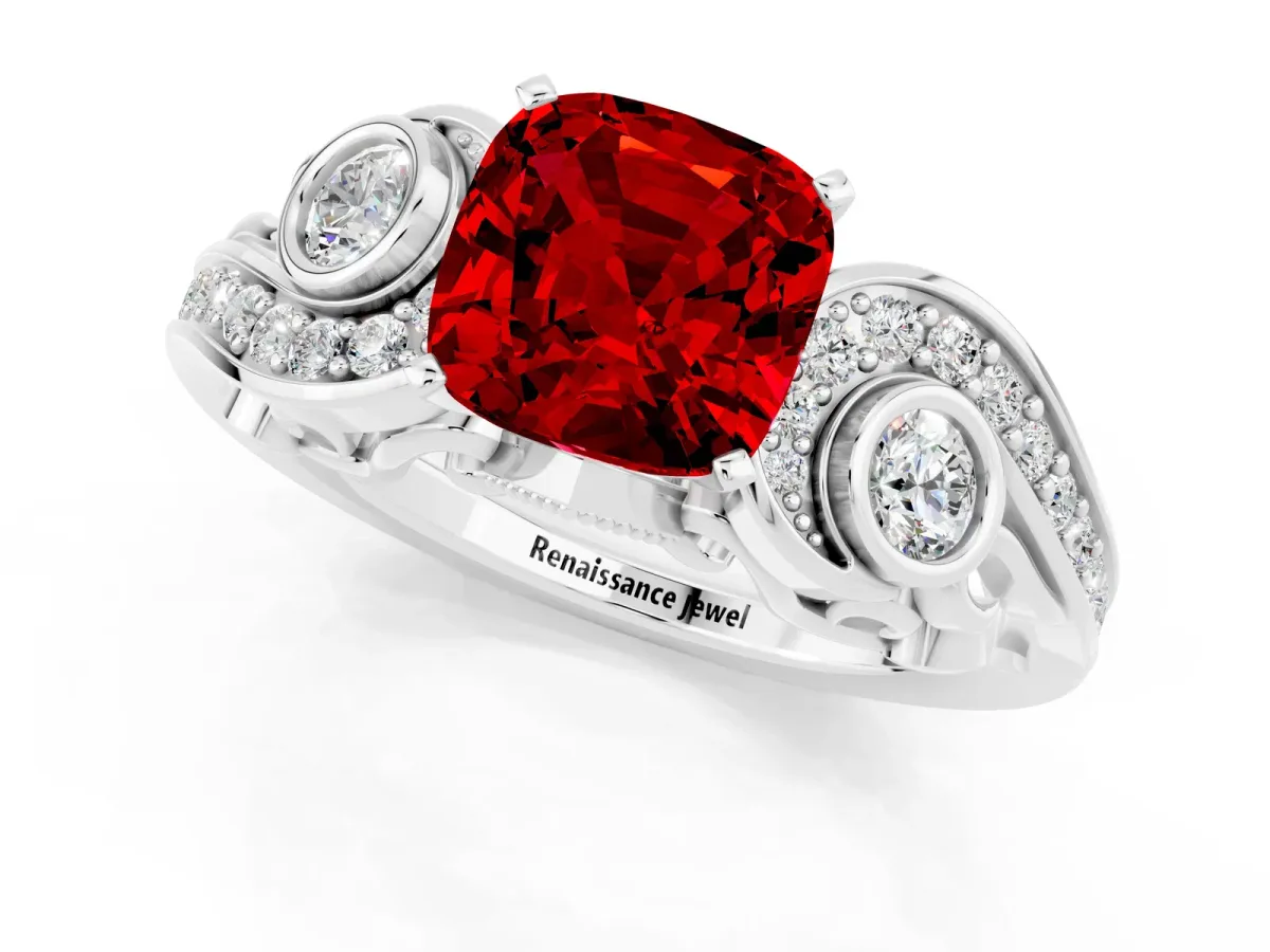 Cushion Cut Ruby Solitaire Ring with Milgrain Pavé Band and Four-Prong Setting Silver