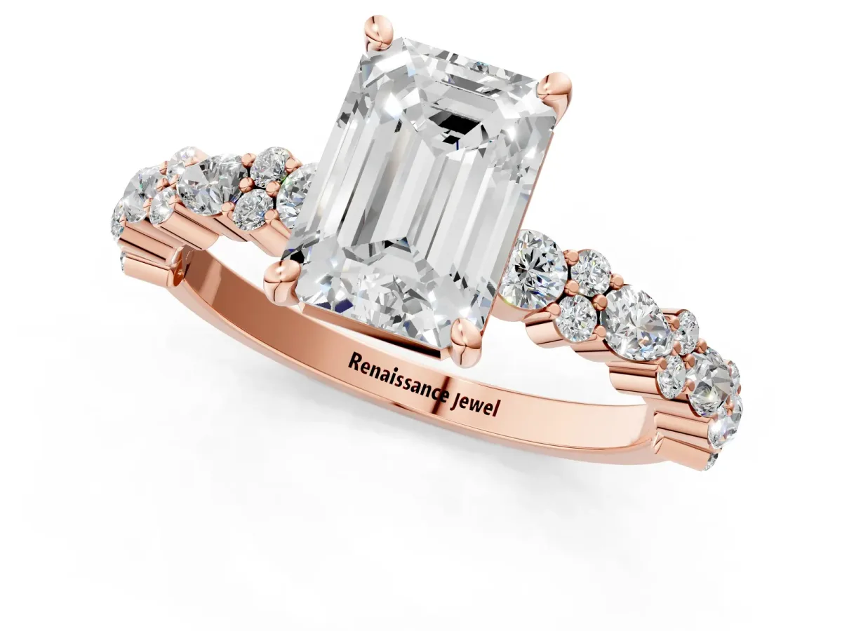 Emerald Cut Diamond Side Stone Solitaire Ring with Round and Four-Prong Setting Rose gold