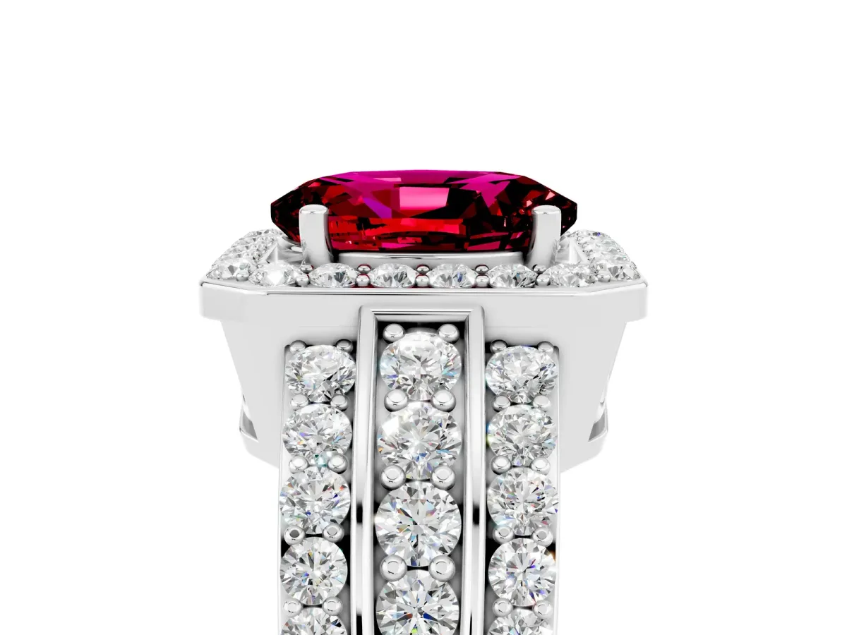 Oval Cut Halo Garnet Ring with Round Split Shank and Prong Setting Platinum