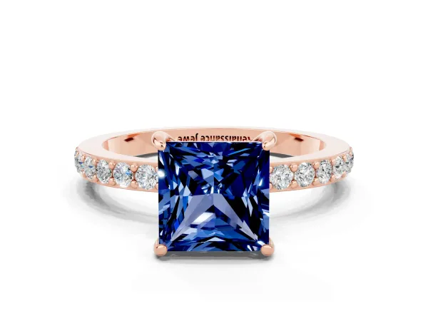Princess Cut Blue Sapphire Solitaire Engagement Ring with Pavé Band and Four-Prong Setting Rose gold