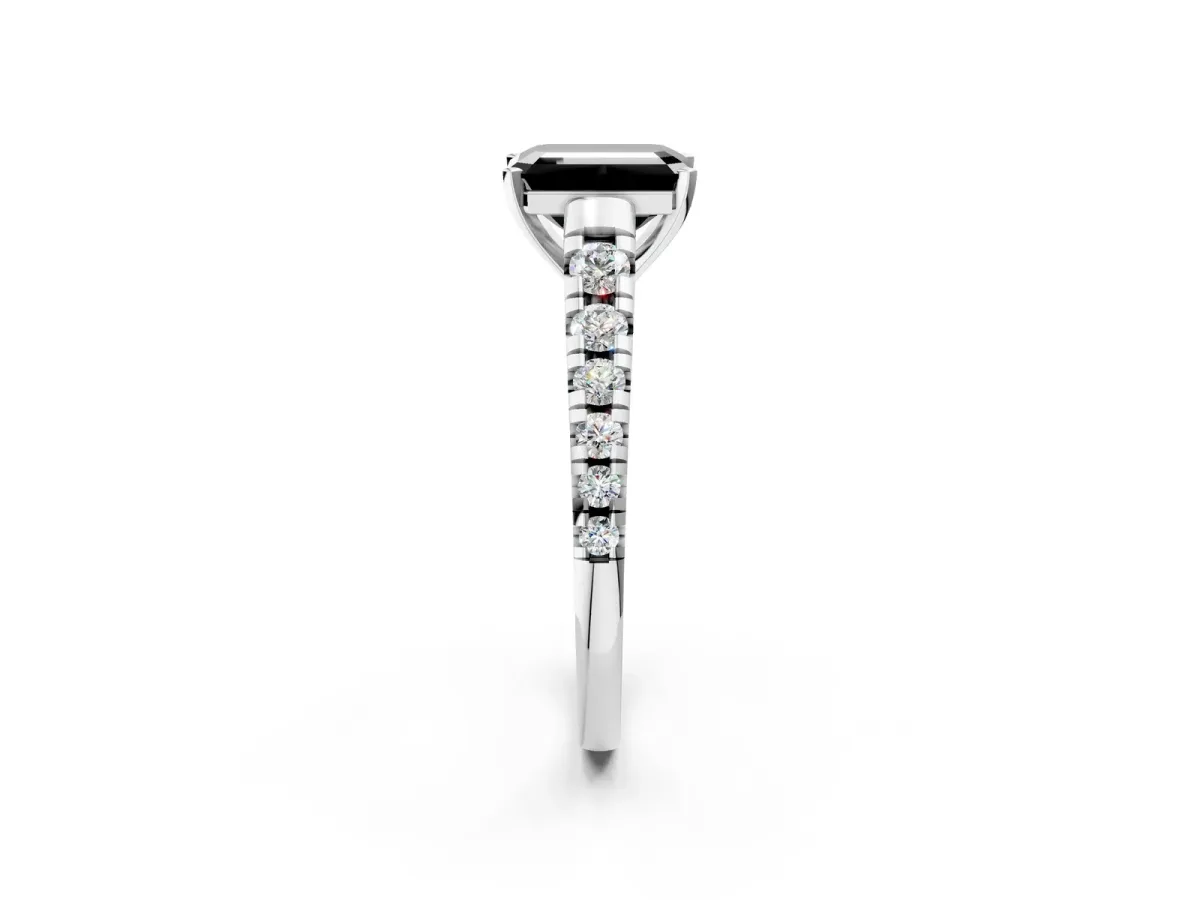 Fancy Black Emerald Cut Diamond Cathedral Solitaire Ring with Round Pavé Band Silver