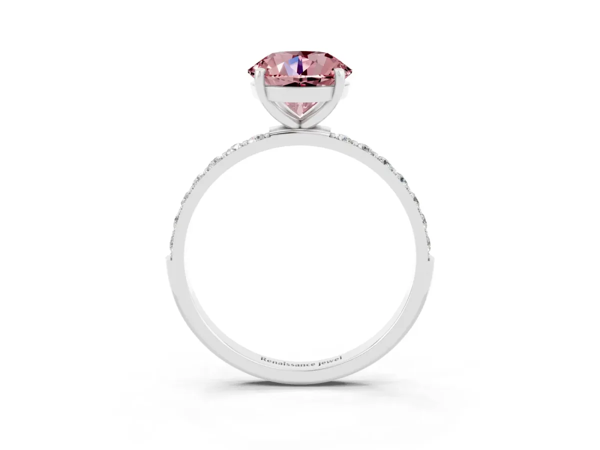 Round Cut Morganite Solitaire Ring with Round Pavé Band and Prong Setting Silver