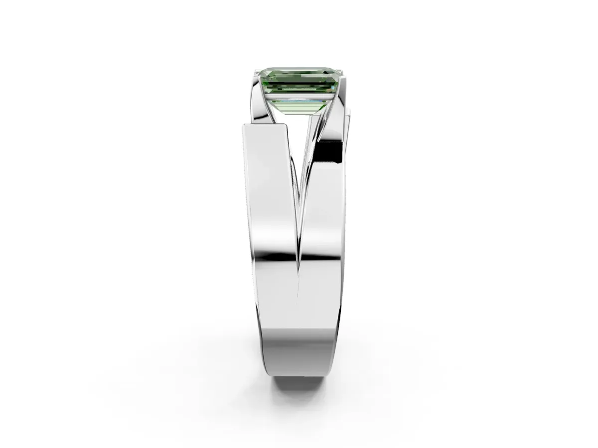 Fancy Green Modern Tension Set Emerald Cut Diamond Solitaire Wide Band Ring Platinum