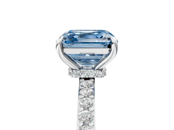 Fancy Blue Asscher Cut Diamond Solitaire Engagement Ring with Pavé Band and Four-Prong Setting Platinum