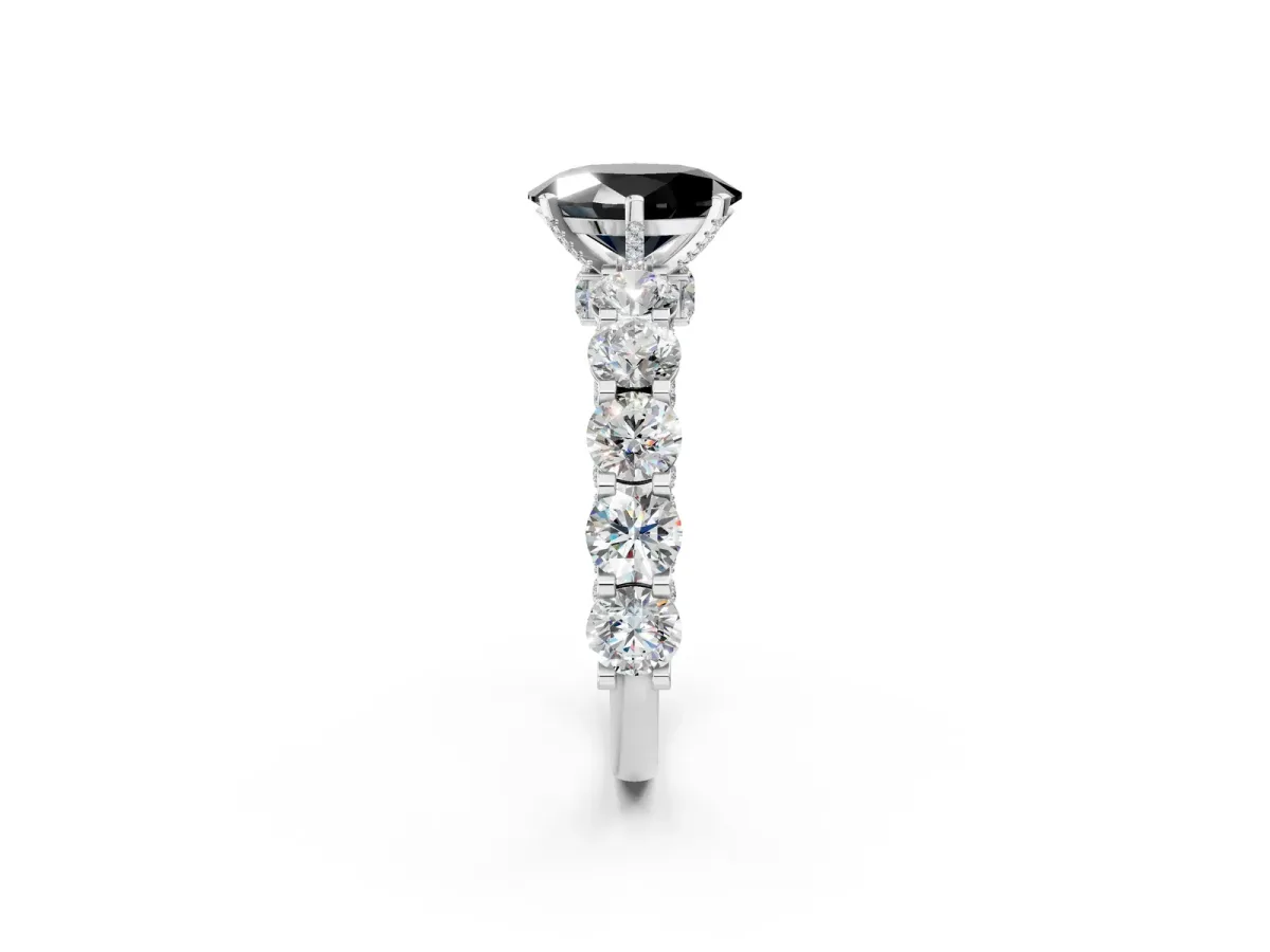 Fancy Black Oval Cut Diamond Side Stone Engagement Ring with Four-Prong Setting White gold
