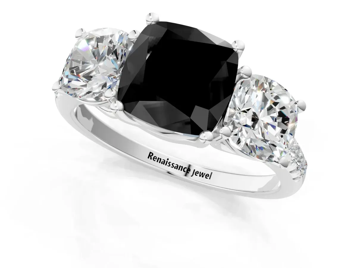 Fancy Black Three-Stone Cushion Cut Diamond Ring with Round Pavé Band and Prong Setting Silver