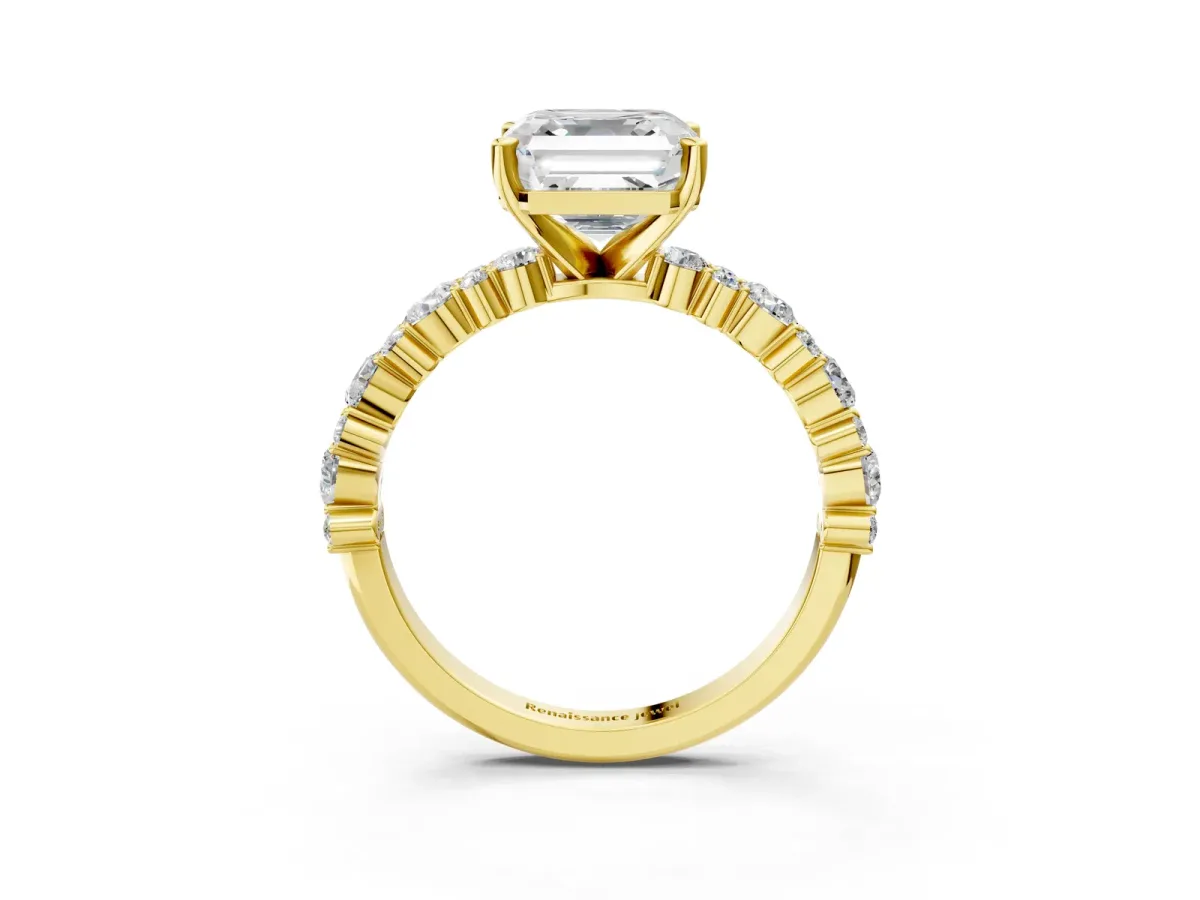 Asscher Cut Diamond Side Stone Solitaire Ring with Round and Four-Prong Setting Yellow gold