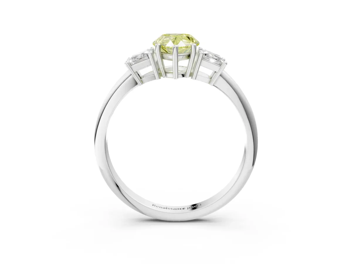 Fancy Yellow Pear Cut Diamond Three-Stone Ring with Trapezoid Side Stones and Prong Setting Platinum