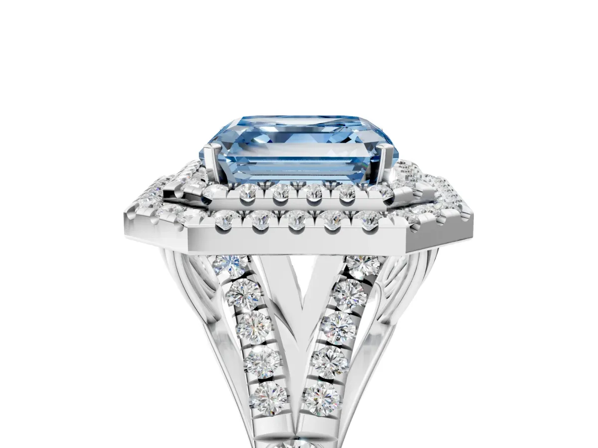 Fancy Blue Asscher Cut Diamond Pavé Split Shank Double Halo Engagement Ring Platinum