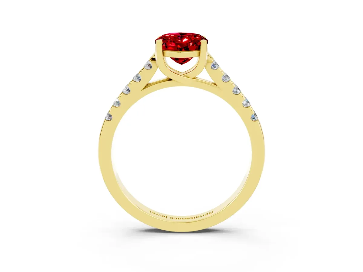Oval Cut Ruby Pavé Band Solitaire Ring with Prong Setting Yellow gold