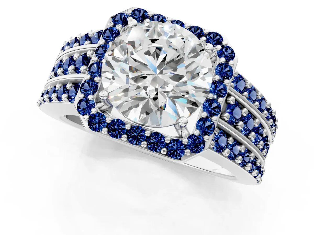 Round Cut Halo Diamond Ring with Round Blue Sapphire Split Shank and Prong Setting Silver