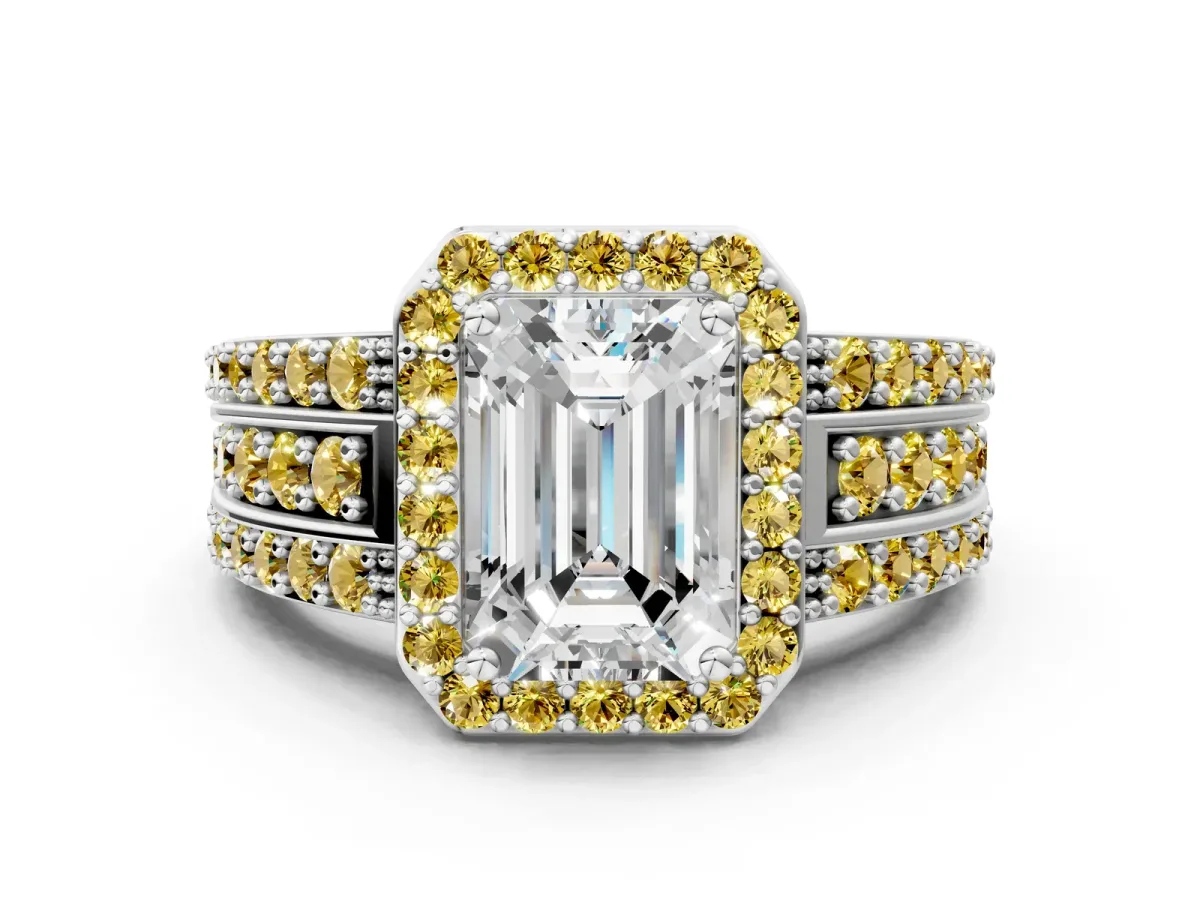 Emerald Cut Halo Diamond Ring with Round Yellow Sapphire Split Shank and Prong Setting Silver