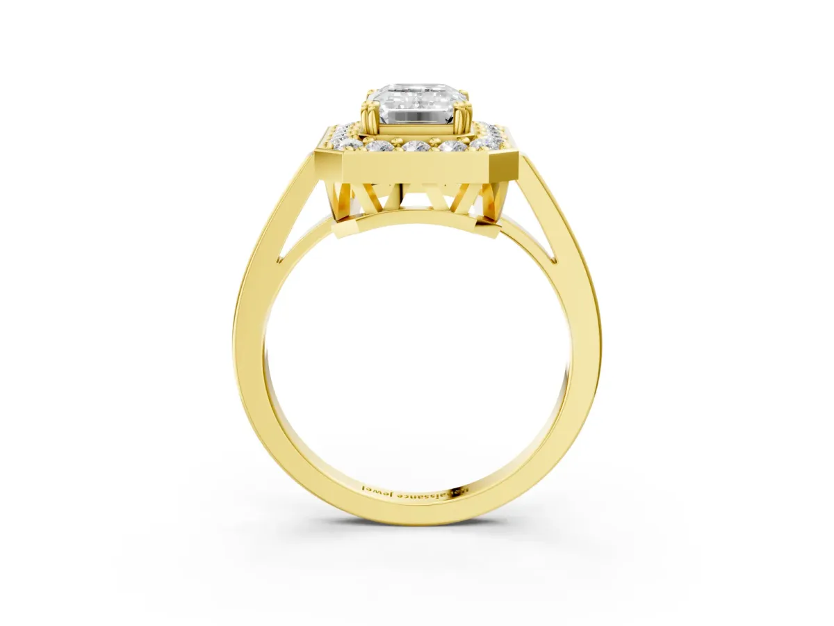 Emerald Cut Diamond Halo Ring with Split Shank and Four-Prong Setting Yellow gold