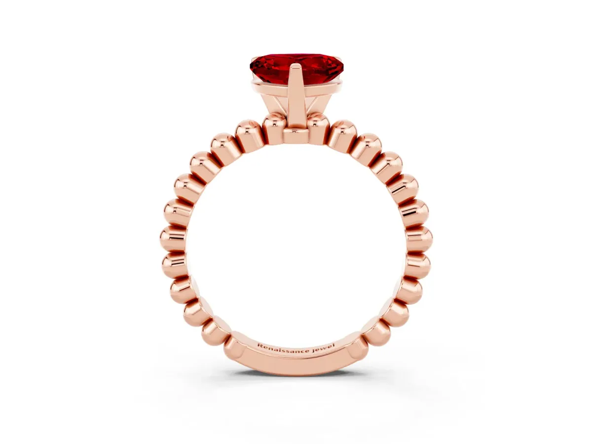 Heart Cut Ruby Solitaire Ring with Beaded Band and Prong Setting Rose gold