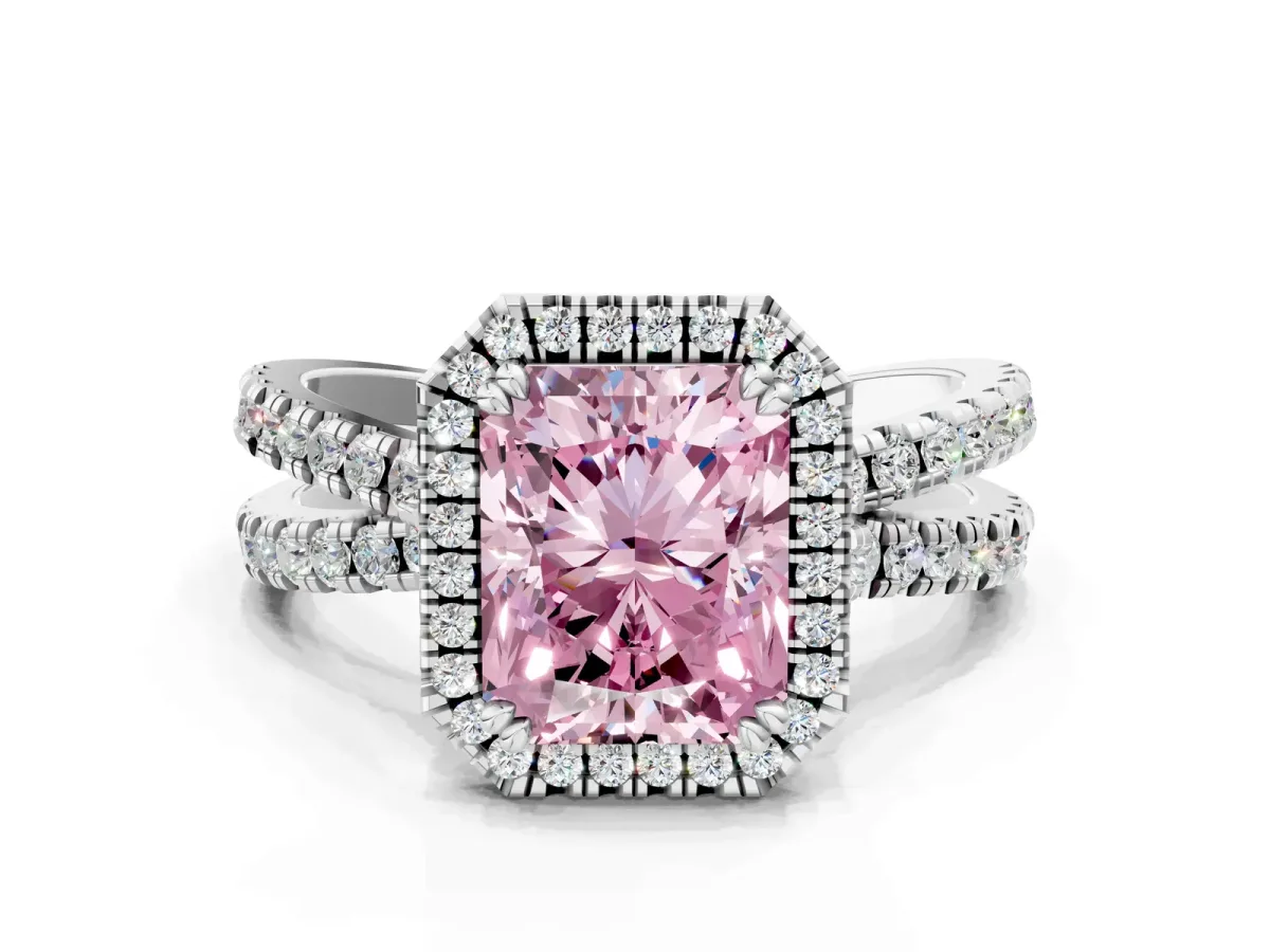 Fancy Pink Radiant Cut Halo Split Shank Diamond Ring with Pavé Setting Platinum