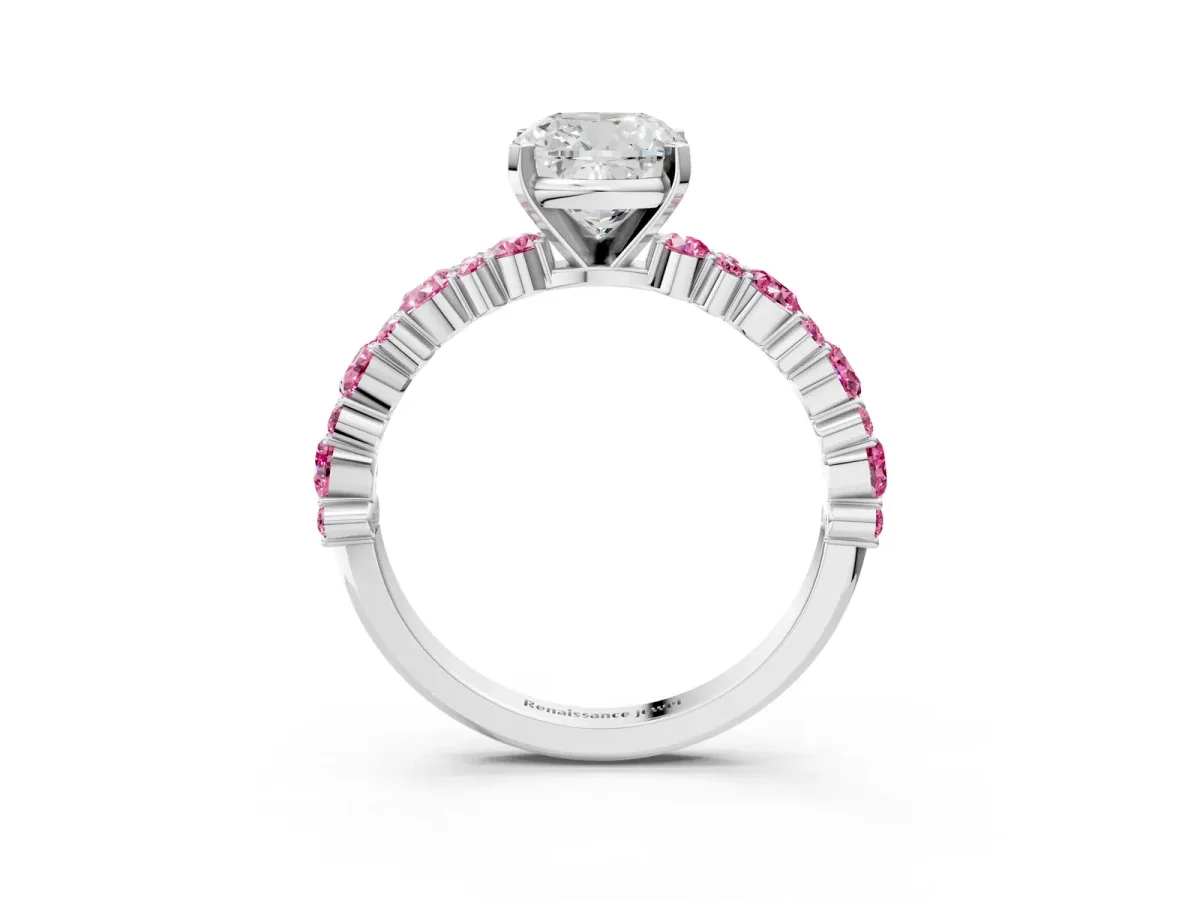 Cushion Cut Diamond Side Stone Solitaire Ring with Round Pink Sapphire and Four-Prong Setting Silver