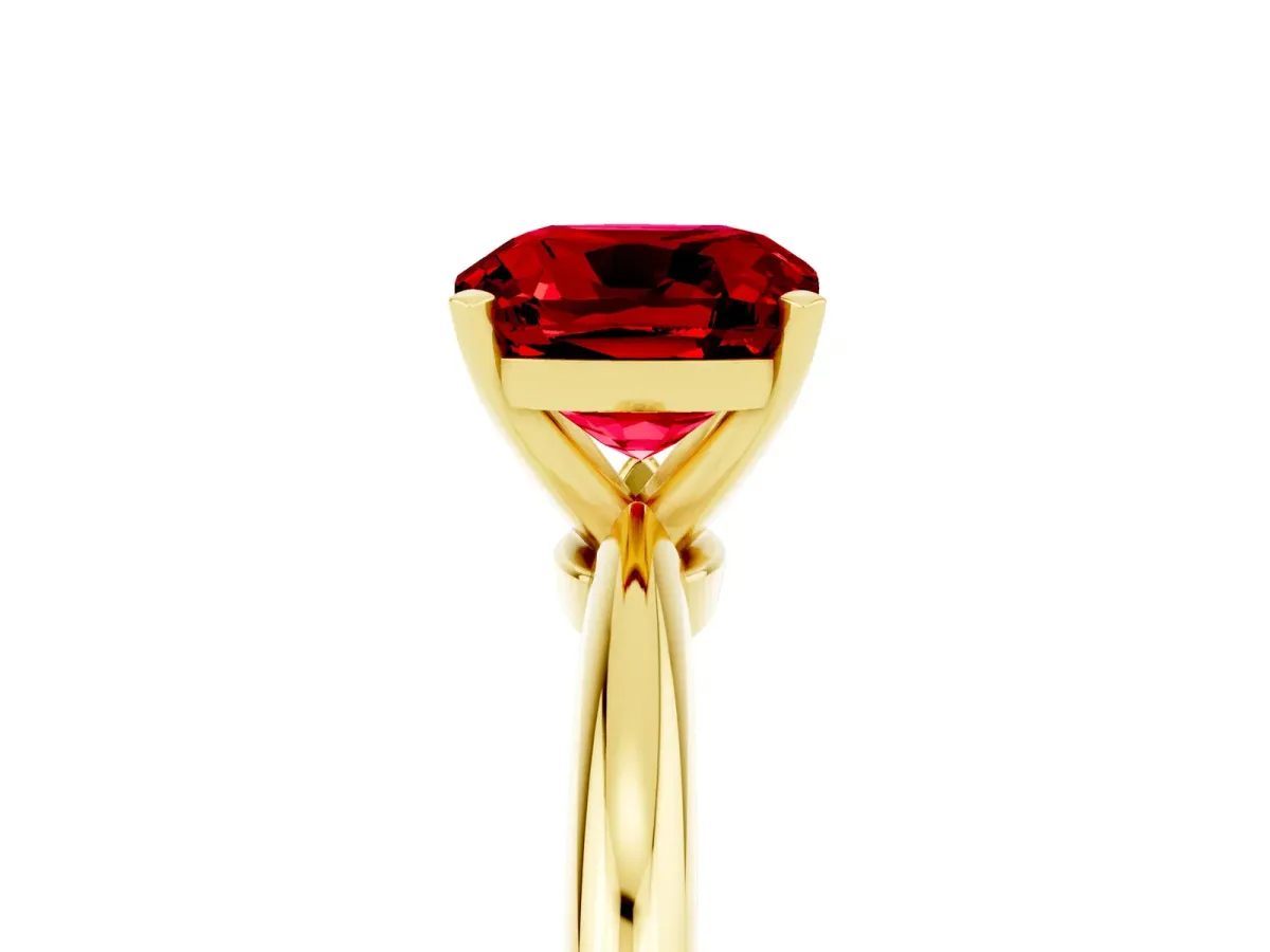 Cushion Cut Ruby Solitaire Ring with Six-Prong Setting and Classic Band Yellow gold