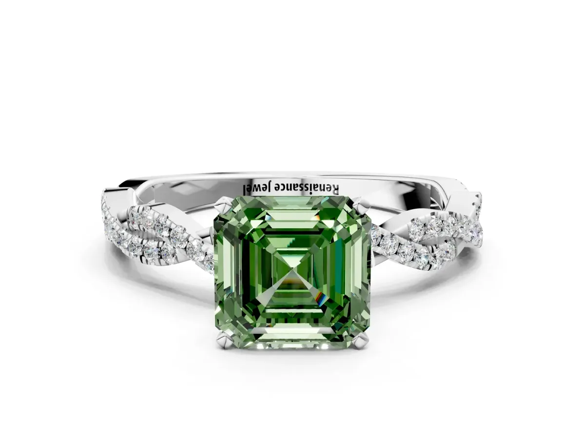 Fancy Green Asscher Cut Solitaire Twisted Pave Band with Four-Prong Setting Platinum