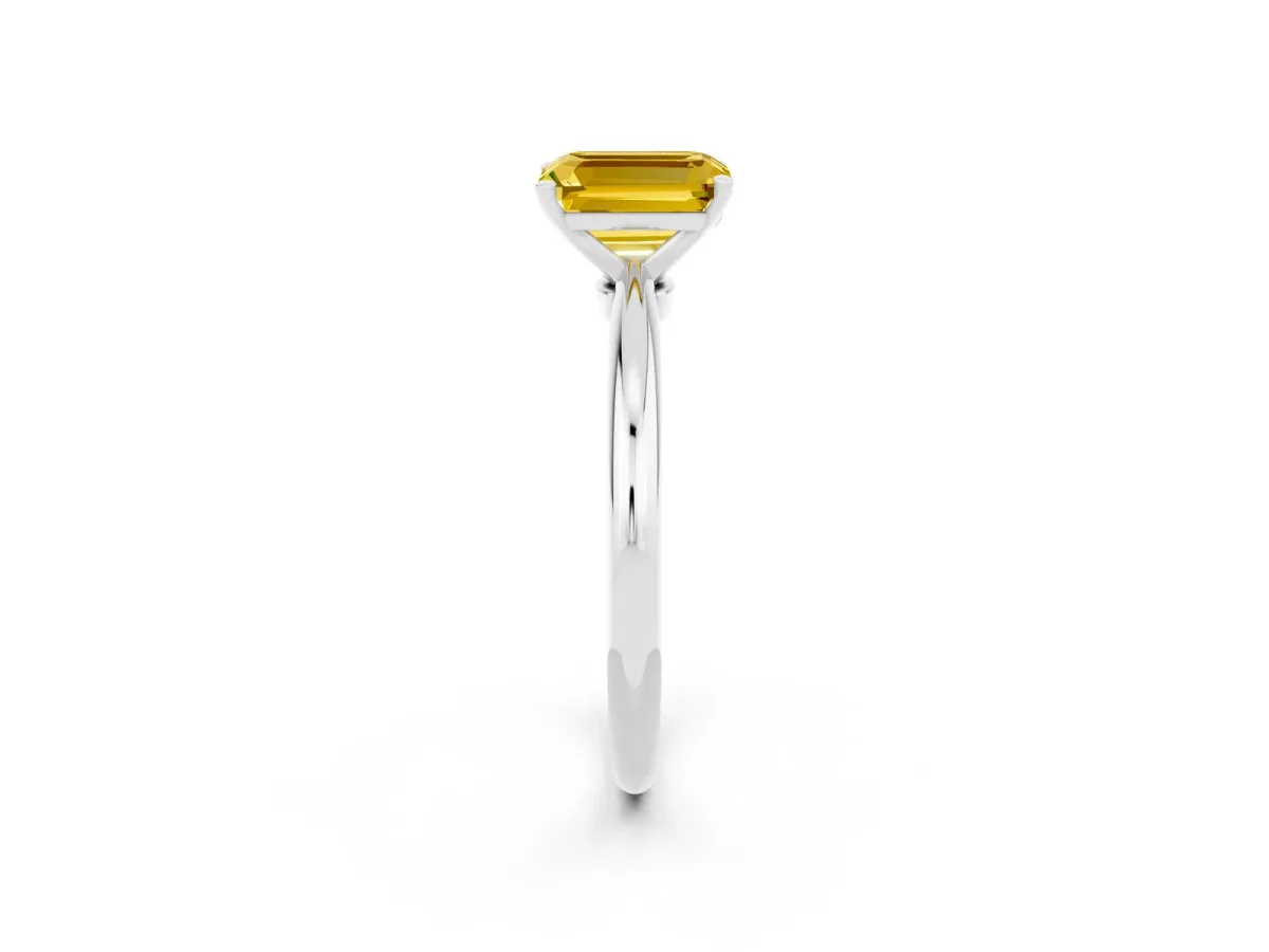 Emerald Cut Yellow Sapphire Solitaire Ring with Six-Prong Setting and Classic Band Silver
