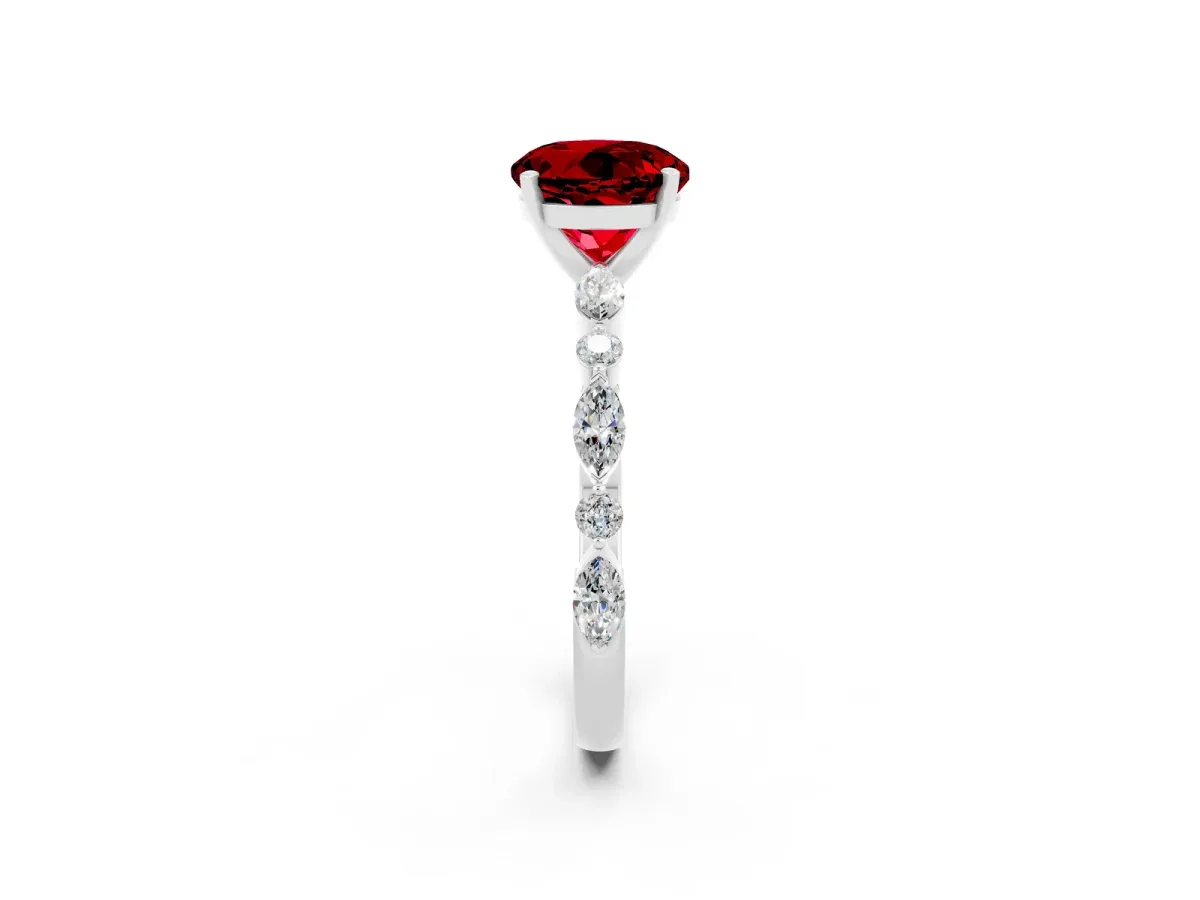 Round Cut Ruby Ring with Marquise and Round Side Stones and Four-Prong Setting Platinum