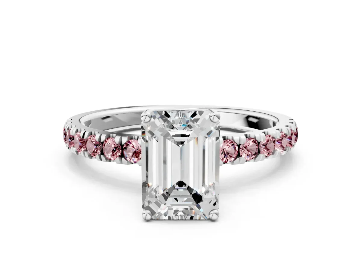 Emerald Cut Diamond Pave Band Solitaire Ring with Round Morganite and Prong Setting Platinum