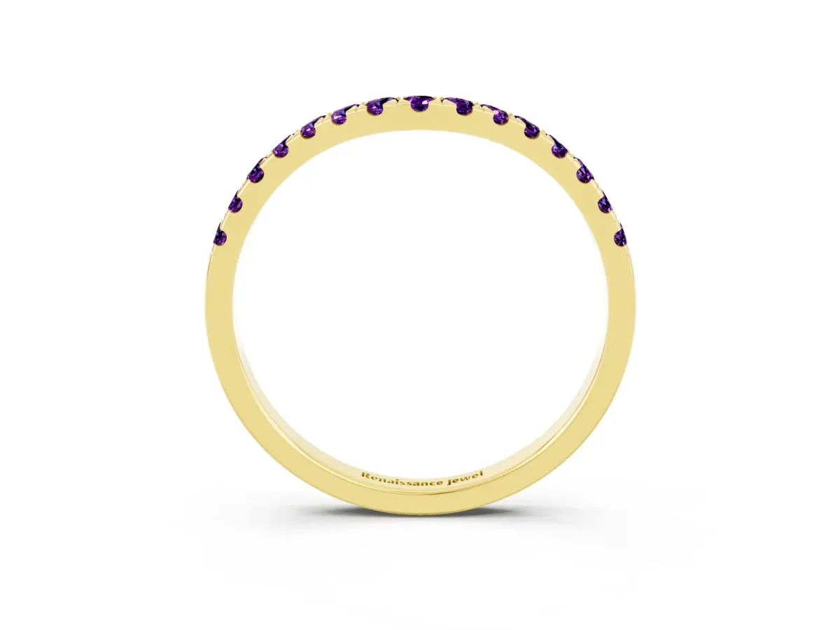 Curved Pavé Round Amethyst Wedding Band with Shared Prong Setting Yellow gold