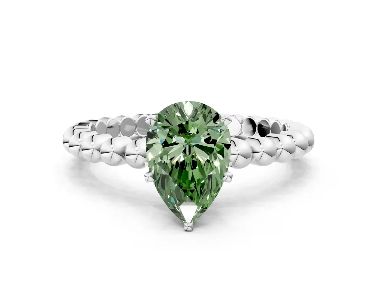 Fancy Green Pear Cut Diamond Solitaire Ring with Beaded Band and Prong Setting White gold