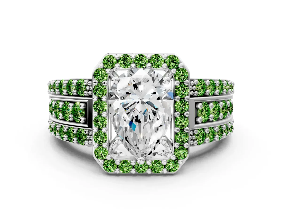 Pear Cut Halo Diamond Ring with Round Peridot Split Shank and Prong Setting Platinum