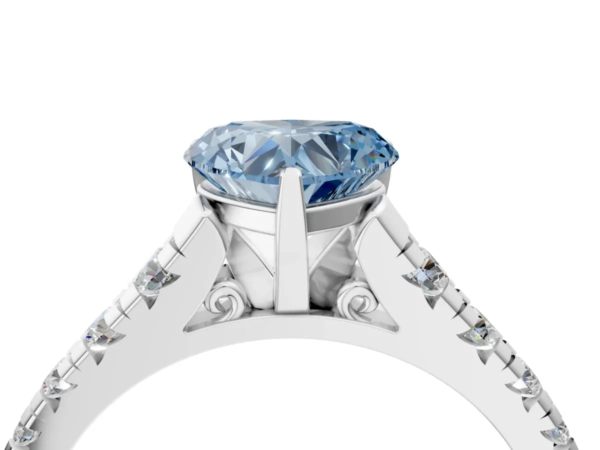Fancy Blue Heart Cut Diamond Cathedral Solitaire Ring with Round Pavé Band Silver