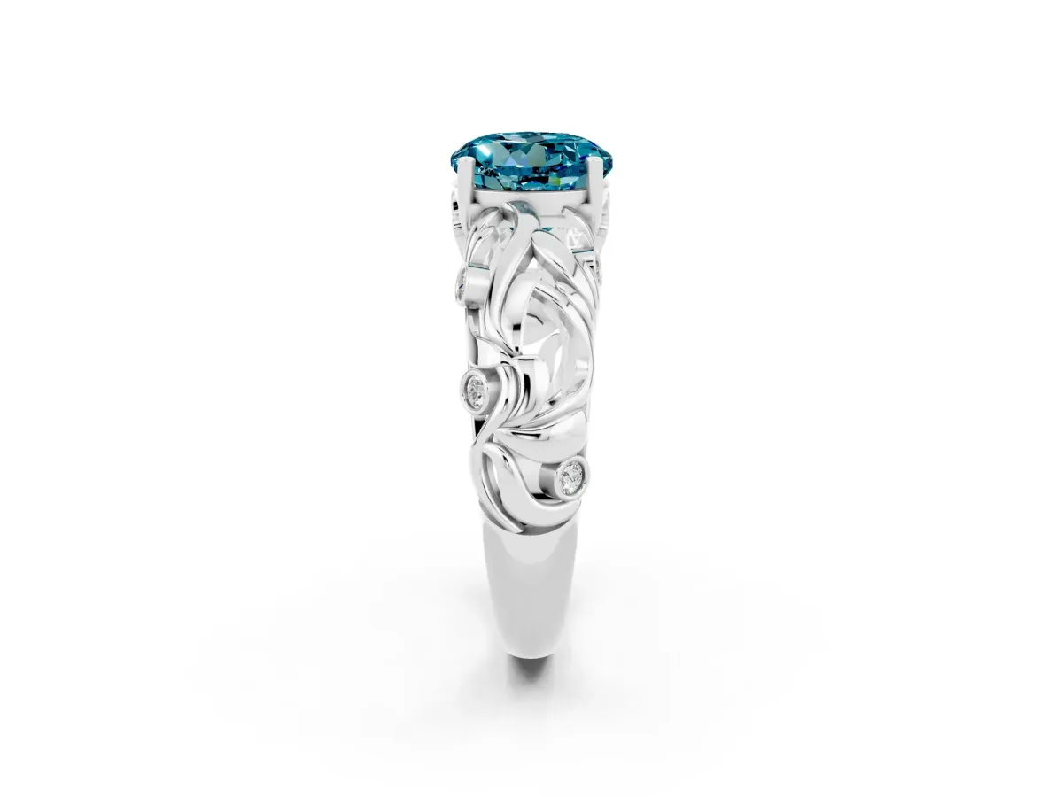 Round Cut Solitaire Blue Topaz Leaf-Inspired Vine Band Ring with Prong Setting Silver