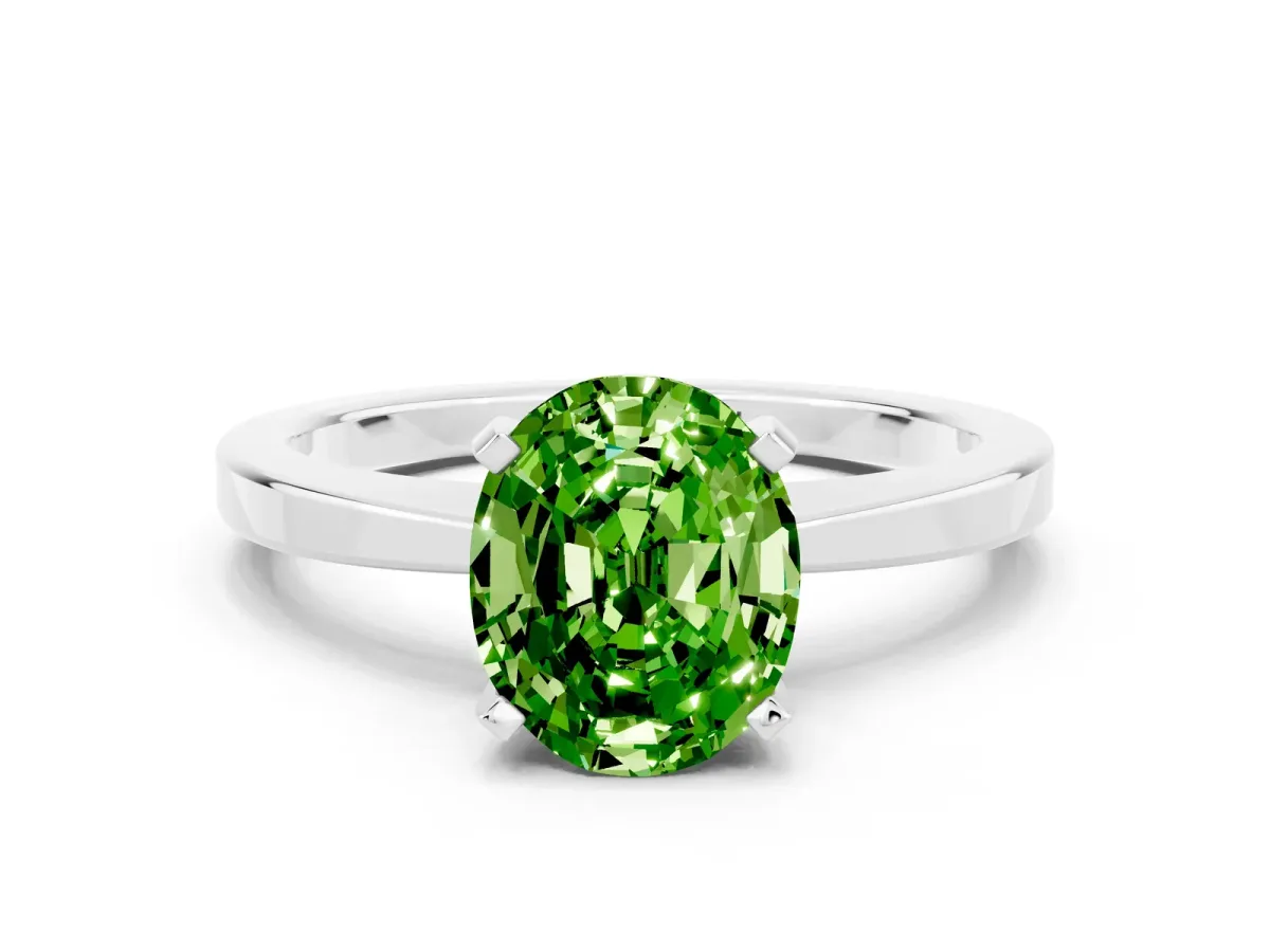 Oval Cut Peridot Solitaire Engagement Ring with Classic Band and Four-Prong Setting Silver