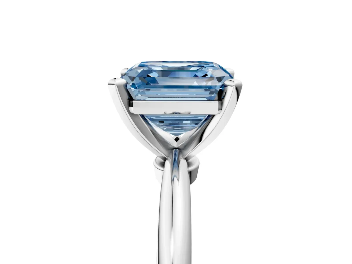 Fancy Blue Asscher Cut Diamond Solitaire Ring with Six-Prong Setting and Classic Band Silver